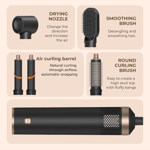 Black and Gold 5 in 1 Hair Dryer Brush Hot Air Curling Brush Negative Ion Air Styler，Multi Function Blow Dryer Brush with Curling Wand, Straightening Brush, and Volumizing Hot Air Brush for All Hair Types（Black）