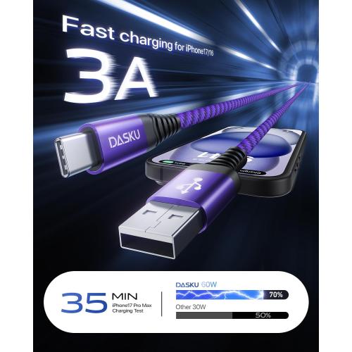 USB A to USB C Cable 60W Fast Charging 6FT, 2Pack USB C Cable for CarPlay | Durable Braided USB to USB C Charger Cord iPhone USB C Cable for iPhone 17 16 15 Pro Max, Samsung Galaxy S26 and More-Purple