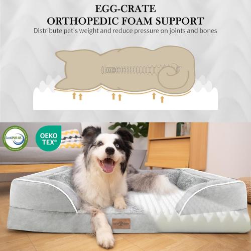 Comfort Expression Orthopedic Dog Bed for Extra Large Dogs , Waterproof Egg Crate Foam L Pet Bed with Removable Bolsters, Dog Couch with Washable Cover & Non-Slip Bottom, Gery White