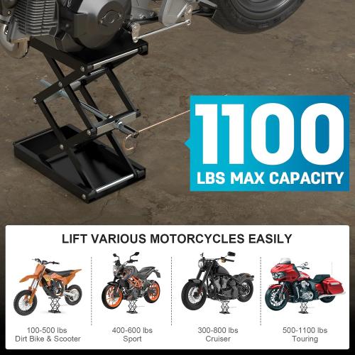 Upgraded Double-Layer Motorcycle Lift Stand with J Crank Handle & Socket | 1100 LB Capacity Steel Motorcycle Jack Stand, Scissor Lift with Deepened Rubber Pad & Wide Deck for Motorcycles