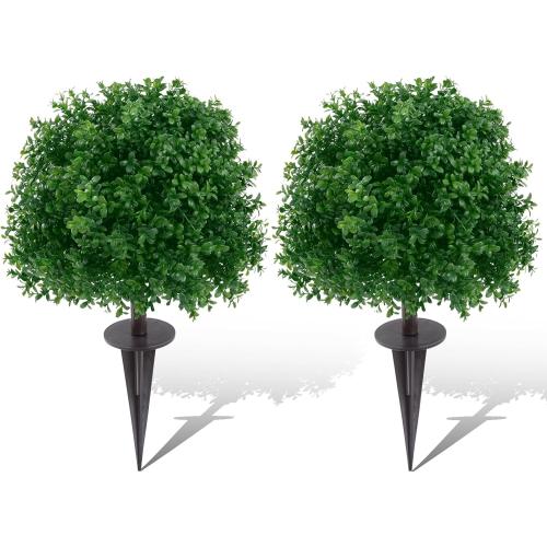 U'Artlines 23.6 Artificial Boxwood Topiary Ball Trees with Ground Spike, Faux Greenery Plants UV Resistant Fake Shrubs Bushes for Front Porch Garden Yard Outdoor Decor, Set of 2