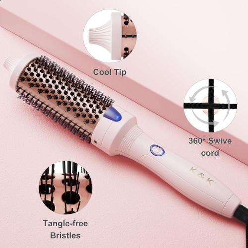 Pink K&K 1.5 Inch Ceramic Tourmaline Ionic Curling Brush Volumizer - Hot Brush Creates Root Volume & Loose Curls, Volume Curls, Hair Styling Tool