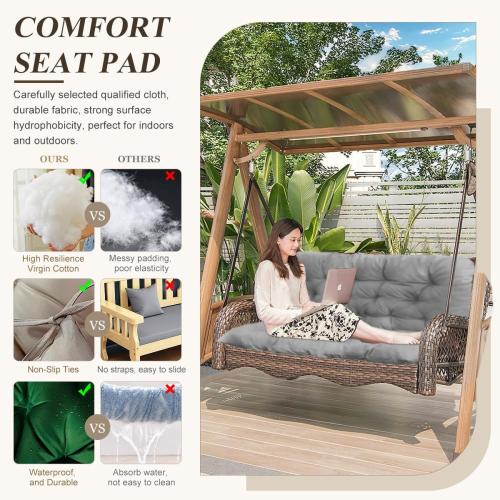 Outdoor Swing Replacement Cushions, 2 or 3 Seats Bench Cushion with Ties, Thicken 4 Recliner Seat Pad for Patio Furniture, Waterproof Premium Tufted Cushion with Backrest(Light Grey)