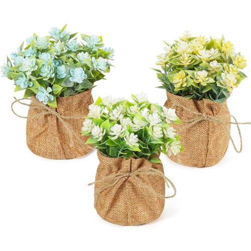 Velener Artificial Flowers in Small Burlap Bag Vases 3Pcs - Faux Flowers Farmhouse, Fake Plants Home Coffee Table Bookshelf Office Desk Decorations Kitchen Dining Room Indoor(White/Yellow/Blue)
