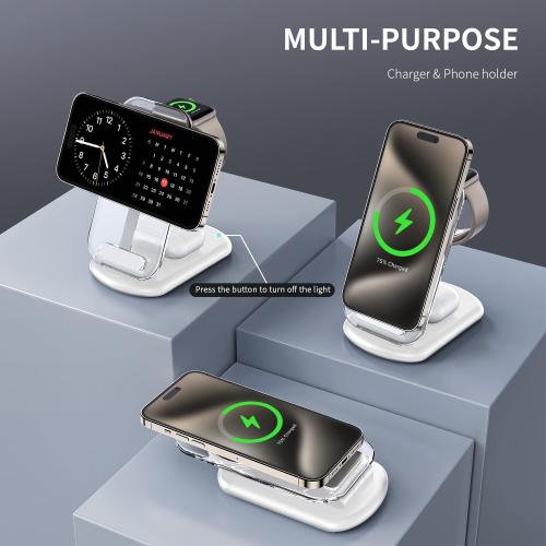 RYND 2026 Traveling Wireless Mag-Safe Fast Charging Station | Magnetic 3 in 1 Charger with Light for iPhone 17 16 15 14 13 12 Pro Max Plus,Apple Watch& Air pods 4 3 2 Pro(White)