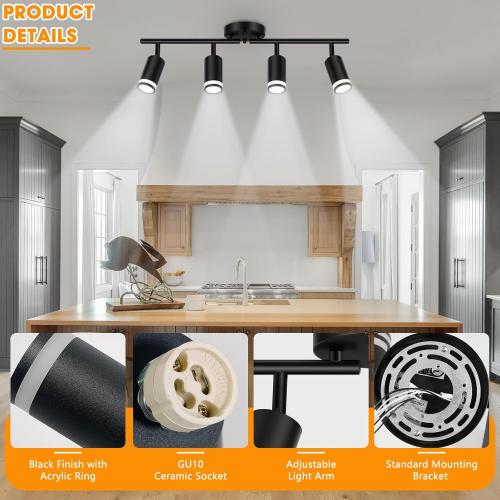 4-Light Kitchen Lighting Fixtures Ceiling Mount, Black Track Semi Flush Mount Ceiling Light, Modern Adjustable Multi-Directional Hallway Light Fixtures for Living Room, Dining Room, Foyer