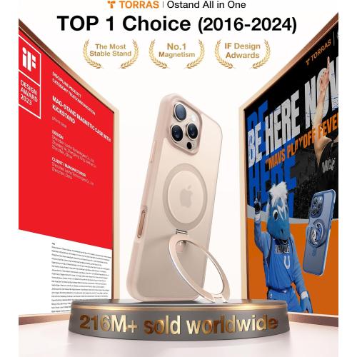 TORRAS Desert Titanium for iPhone 16 Pro Max Case, [Military Grade Drop Tested][Fit for MagSafe] [Built-in Stand] Translucent Slim Soft Edge Case for iPhone 16 Pro Max 6.9 2024, Rose Gold