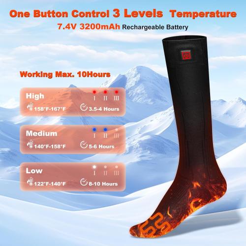 Heated Socks,7.4V 3200mAh Rechargeable Electric Socks for Men Women with 3 Heating Levels, Thermal Socks with Button Control for Ski Hunting Cycling Camping Hiking(Black)