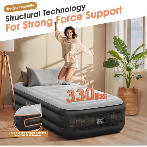 Twin Air Mattress with Built in Pump,18''Inflatable Mattress 2 Mins Self-Inflation/Deflation,XL-Long Blow up Mattress Thicker,Flocked Top Air Bed with Storage Bag for Home, Camping & Guests
