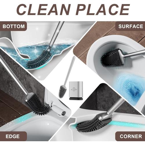 Sellemer Toilet Brush and Holder Set - Flexible Toilet Bowl Brush Head with Silicone Bristles, Compact Size for Storage and Organization, Ventilation Slots Base (1 Pack, Silver)