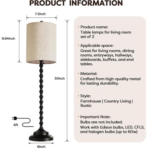 Buffet Lamps, Table Lamps Set of 2-30 Tall with Sturdy Metal Bases & Textured Linen Shades - UL Certified, Ideal for Creating a Cozy Vibe in Living Rooms, Dining Rooms & Entryways