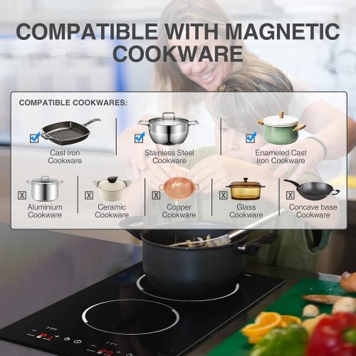 12“ Induction Cooktop, Double Induction Cooktop 2 Burner 110v-120v Electric Stove Top, Countertop and Built-in, 9 Power Levels, Child Lock, 120 Mins Timer