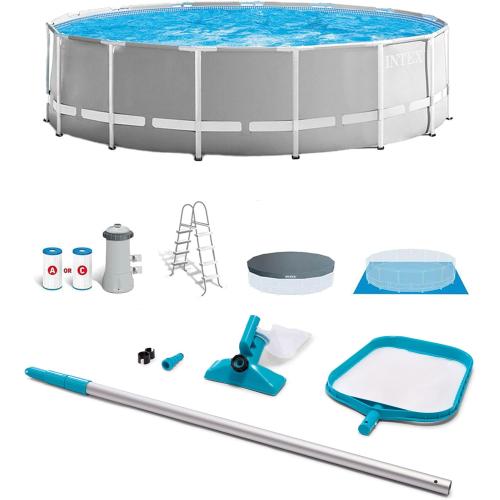 Intex Prism Frame 15' x 48 Above Ground Swimming Pool Set with Filter Pump, Ladder, Pool Cover, and Maintenance Pool Cleaning Kit with Vacuum Skimmer