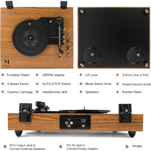 MPK Vintage Style 3 Speeds Wireless Input Record Player, Built-in Dual Premium Speakers,Belt Drive,RCA Output,Aux in,Fulll Size Platter Turntable, Yellow Wood