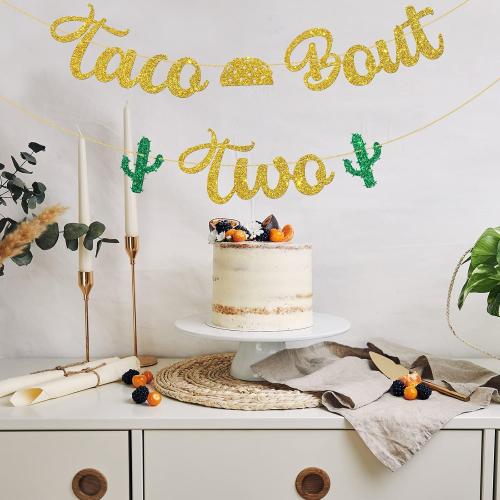 WeBenison Taco Bout Two Banner/Mexican Children 2nd Birthday Banner/Taco Bout Birthday Party Decoration Supplies Gold Glitter