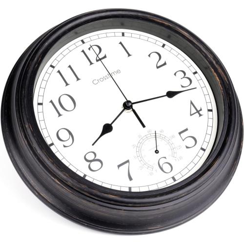 16 Inch Large Outdoor Clock Waterproof with Thermometer Retro Wall Clocks for Patio Pool Garden Home,Bronze