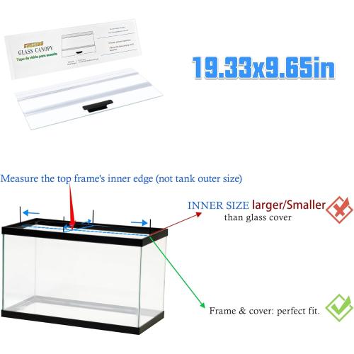 19.33x9.65in Clear Tempered Glass Canopy,Aquarium Fish Tank Hoods FITS for Most 10 Gallon Fish Tanks (Aqueon)