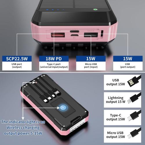 Solar Charger Power Bank 49800mAh, Portable Phone Charging Built-in 4 Cables 22.5W Fast Charging for Cell Phones, Type-C input/Output Port Solar Panel Charger with Dual Flashlights&Compass for Camping