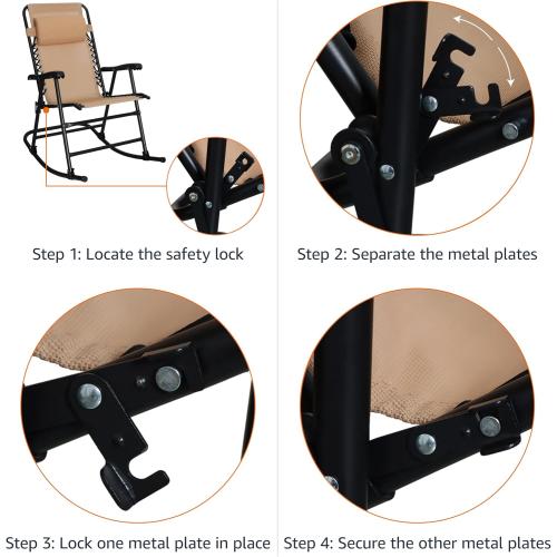 Amazon Basics Outdoor Patio Folding Reclining Lounge Rocking Chair with Pillow, Affordable Folding Chairs for Outside, Beige, 33.6 x 37.4 x 26 inch