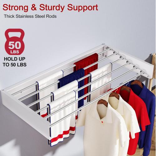 Wall Mounted Drying Rack 40, Foldable Laundry Drying Rack with Stainless Steel Rods, Retractable Laundry Space Saver for Indoor & Outdoor Use, Include Wall Template