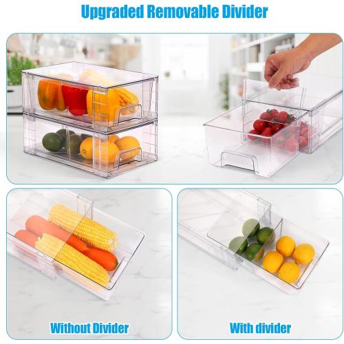 2 Pack Stackable Storage Drawers,Plastic Organizers Bins, Drawers Storage with Handles and Movable Dividers for Organization and Storage in Fridge,Dressers, Pantry, Kitchen Cabinets, Under Sink