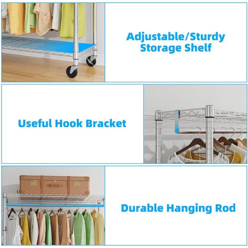 Simple Trending Clothing Garment Rack with 3 Tiers Storage Shelves, Heavy Duty Rolling Clothes Organizer Double Rods with Wheels for Hanging Clothes, Chrome