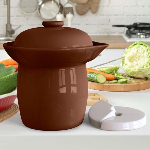 Fermentation Crock Jar Fermenting Crock with Glazed Weights- Onggi Kimchi Pot for Fermenting Delicious Kimchi, Kombucha & Pickles - Stoneware Sauerkraut Crock Pickling Fermenter (4L BROWN)