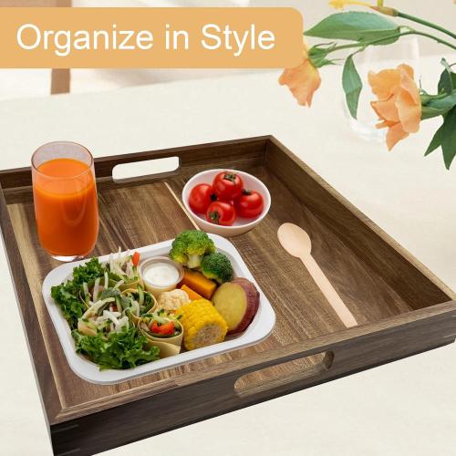 24'' Acacia Extra Large Square Wood Tray - Wood Trays for Ottoman, Rustic Square Serving Trayes with Handles,Ottoman Table Topper, Durable and Versatile for Living Room,Bedrooms,Coffee Table, Kitchen