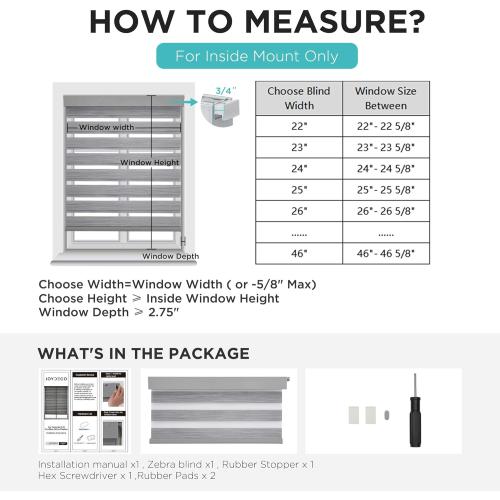 Joydeco No Drill Zebra Blinds for Windows, Cordless Day & Night Dual Sheer Roller Shades, Easy Installation, Free-Stop Lift System, Light Filtering Privacy Blinds for Home(Grey,22 W x 75 H)