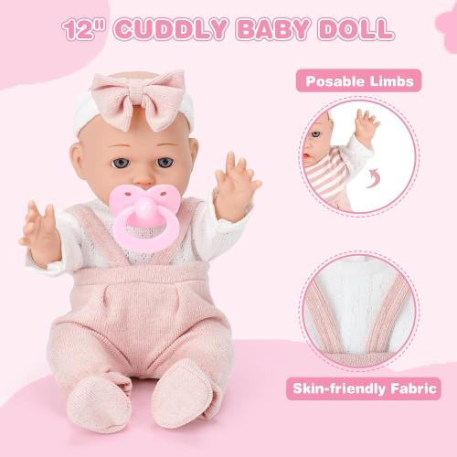 Dreamon 12'' Baby Doll Playset with Carrier Bassinet Bed, 11PCS Baby Doll Accessories Includes Pacifier, Blanket, Pillow, Diaper, Pretend Play Set Baby Doll Care Toys Gifts for Kids Girls