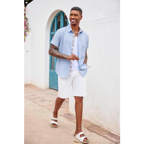 Size L..COOFANDY Men's Button Down Shirts Short Sleeve Casual Shirts Summer Beach Shirts Vacation Wedding Shirts with Pocket