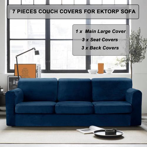 UNBBRRL 7 Piece Couch Covers for Sofa, Replacement Ektorp Sofa Cover 3 Seat with 1 Main Cover / 3 Seat Cushion Covers / 3 Backrest Covers, Velvet Settee Cover 3 Seater (Sapphire Blue)