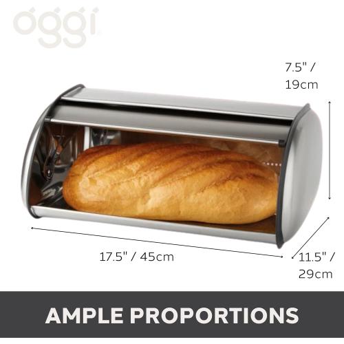 Oggi Stainless Steel Roll Top Bread Box for Kitchen Countertop with Stainless Steel Lid - Fits Multiple Large Loaves of Bread and Other Freshly Baked Goods Including Cookies, Bagels, Muffins