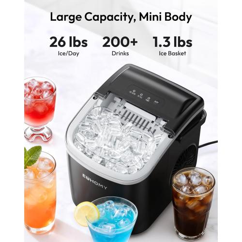 EUHOMY Countertop Ice Maker Machine with Handle, 26lbs in 24Hrs, 9 Ice Cubes Ready in 6 Mins, Auto-Cleaning Portable Ice Maker with Basket and Scoop, for Home/Kitchen/Camping/RV. (Black)
