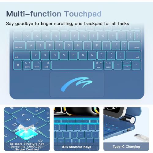 for ipad Pro 13 inch Case with keyboard (M5 2025 / M4 2024), Magic Keyboard with Pencil Buckle, 11 Colors Backlight, Stain-Resistant Surface, Multi-Touch Trackpad, Magnetic Stand, Steel Blue