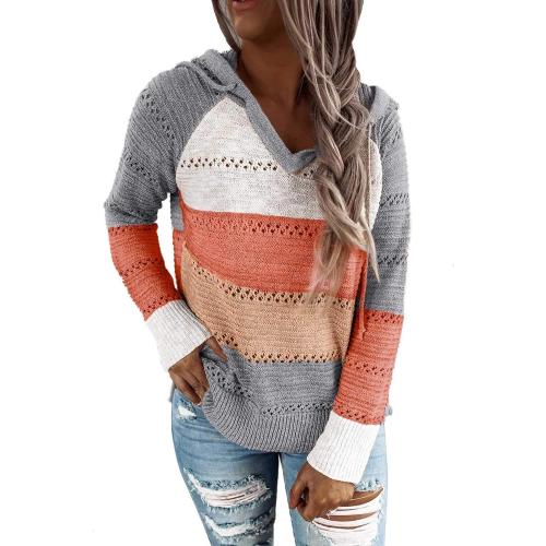 Size Small Color Striped BLENCOT Women Color Block Hooded Crochet Striped Sweaters Lightweight Drawstring Hoodies Pullover Trendy Sweatshirts