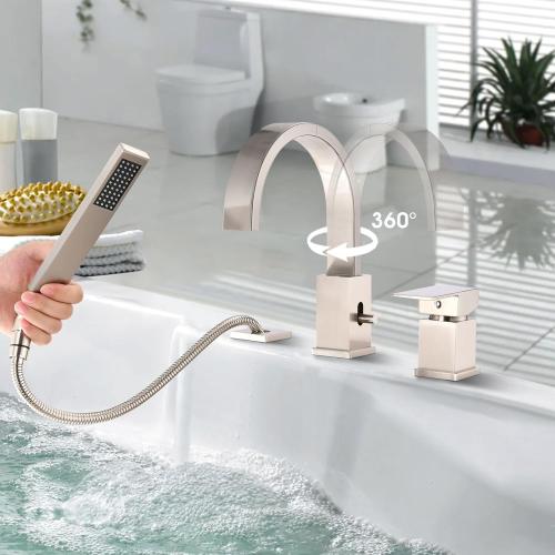 Brass Roman Tub Faucet with Sprayer, Deck Mount Bathtub Faucet with Hand Shower, 3 Hole Waterfall Faucet with 360 Spout, Single Handle Tub Filler with 8 GPM High Flow, Brushed Nickel