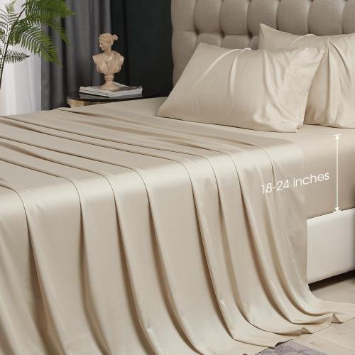 HYPREST Beige Sheets Queen- Rayon Derived from Bamboo，Silk Soft Breathable Luxury Cooling No Sweat, Extra Deep Pocket Queen Fits 18-24 Thick Mattress