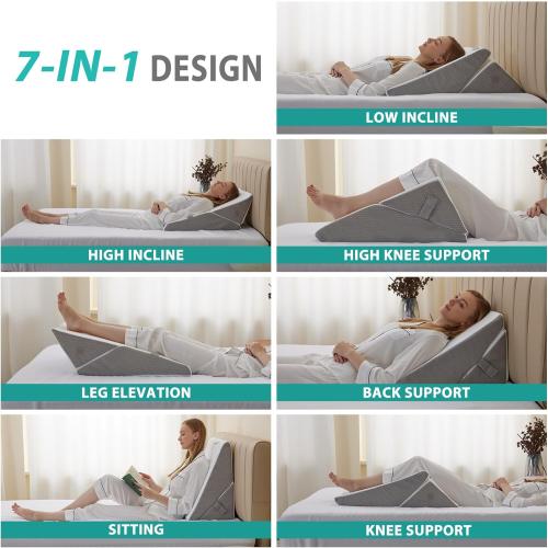 Wedge Pillow for Sleeping, Adjustable 9&12 Inch Foldable Bed Wedge Pillow Set, Orthopedic Memory Foam Triangle Pillows Wedge, 7-in-1 Elevated Pillows for Leg and Back Support, White/Grey