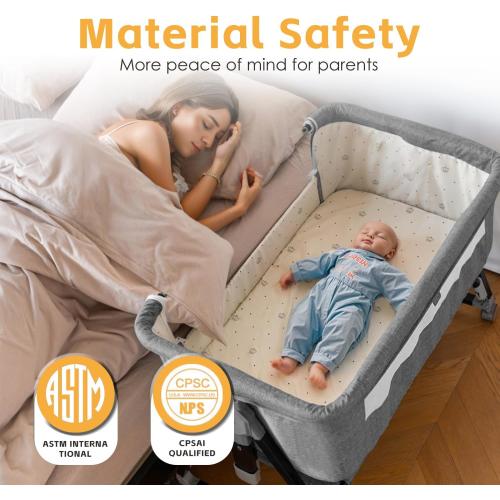 Bedside Crib, 3 in 1 Bassinet with Quick Height Adjustment and Mosquito Nets Rocking Bassinet for Baby, Bedside Bassinet with Wheels, Easy to Fold, Golden Triangle Structure（Grey）