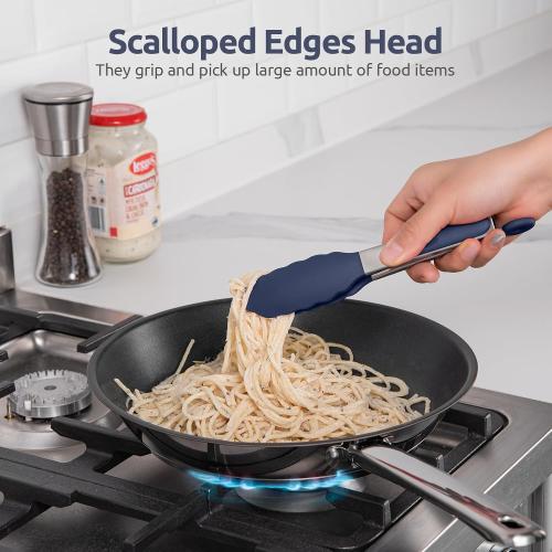 600ºF Heat Proof Kitchen Tong: U-Taste 7 Silicone Cooking Tong with Firm Sealed Non Stick Rubber Tips & Silicon Coated 18/8 Stainless Steel Handle & Smooth Locking for Serving Salad (Midnight Blue)