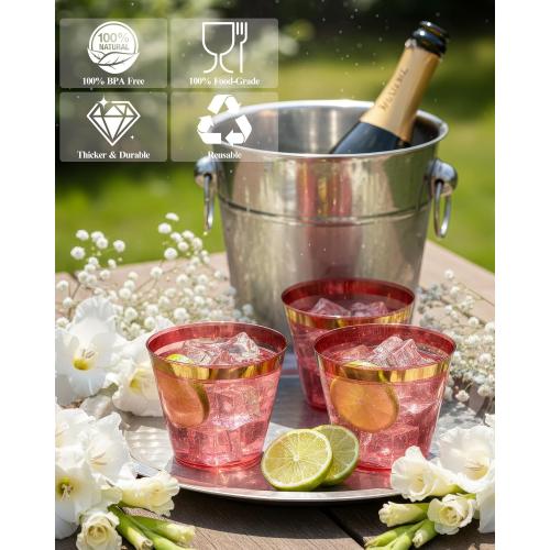Goodluck 50PCS 9oz Red and Gold Plastic Cups for Party, Disposable Gold Rim Cups, Plastic Cocktail Glasses for Wedding Thanksgiving, Christmas, and Parties