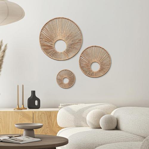 American Art Decor Round Paper Rope Wall Decor Set of 3, Natural - Boho Wall Art, Farmhouse Basket Style