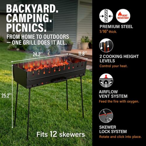 Portable Mangal Grill for 12 Skewers - Foldable Charcoal BBQ for Shashlik, Kebab, Kabob - 2mm Steel, Compact Case, Tool-Free, (Skewers Not Included)