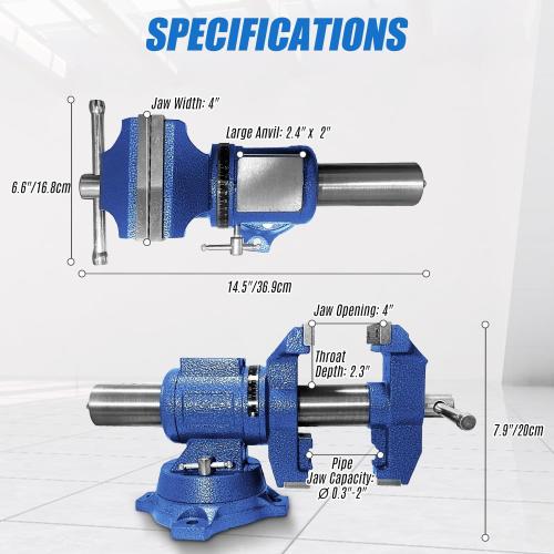 Heavy Duty Bench Vise, 4 Inch Jaw Width and Opening, 360° Swivel Base with Anvil, Multipurpose Clamp & Combination Pipe Vise for Woodworking, Metalworking, Conduit Work