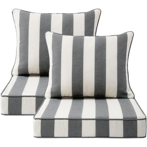 Unimatta Outdoor Patio Chair Cushions Set, 22 x 22, Set of 2, Water-Repellent, Fade Resistant, Deep Seat Bottom and Back Cushion for Backyard, Couch, Sofa and Patio Furniture, Gray Stripe