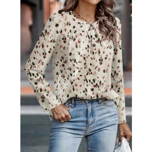 Size L....Samefar Womens Tops Dressy Casual Pleated Crew Neck Long Sleeve Shirts Office Work Chiffon Blouses