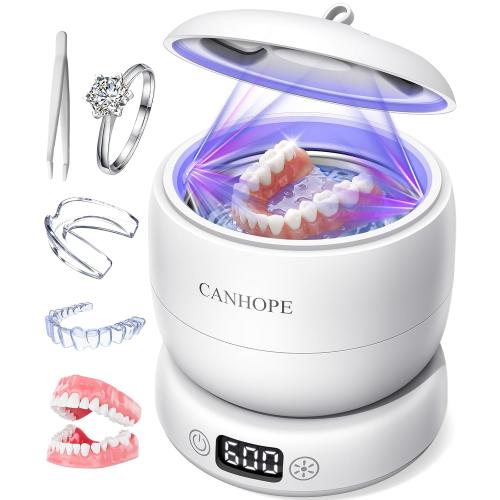 Ultrasonic Retainer Cleaner Machine, Ultrasonic Jewelry Cleaner, Denture Cleaner for Invisalign, Mouth Guards, Night Guards, Aligners, Toothbrush – Detachable Base & Lid, Digital Timer, White