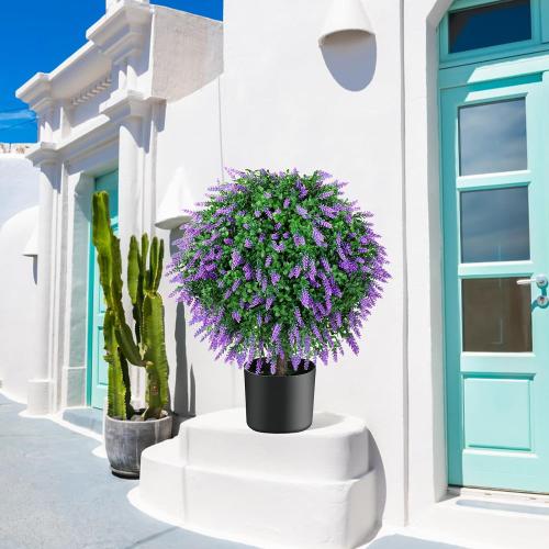 21.6“ Artificial Lavender Topiary Ball Trees Set of 2, UV Protected Outdoor Faux Potted Plants with Cement Pot, Evergreen Shrubs Bushes for Front Door Porch Garden Backyard