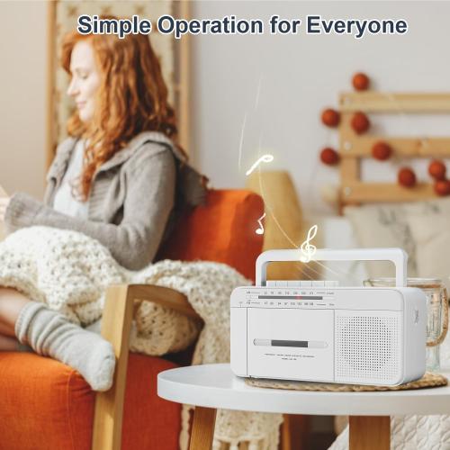 Portable Cassette Player Recorder Boombox with AM/FM Radio, AC or Battery Powered Vintage Casette Tape Player with Loud Speaker and Earphone Jack for Home or Outdoor White